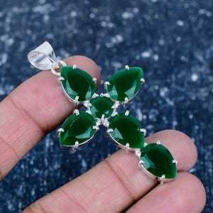 Emerald Pendant 925 Sterling Silver Pendant Emerald Gemstone Pendant Cross Pendant Handmade Pendant Jewelry Emerald Jewelry Gift for Her