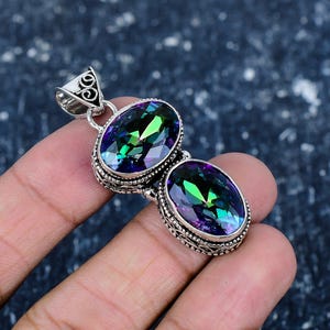 Mystic Rainbow Topaz Pendant, 925 Sterling Silver Pendant, Double Gemstone Rainbow Mystic Topaz Necklace Antique Jewelry Pendant For Gifts