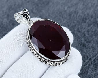 Handmade Red Garnet Pendant: 925 Sterling Silver Boho Jewelry