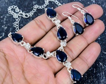Blue Sapphire Necklace + Earring Jewelery Set,925 Sterling Silver Jewelry, Sapphire Necklace, Sapphire Earring,Gift For Women and Girlfriend