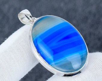 Blue Banded Agate Pendant, Sterling Silver Oval Boho Jewelry