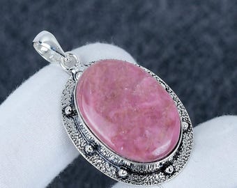 Handmade Oval Rose Quartz Pendant, Sterling Silver Boho Necklace