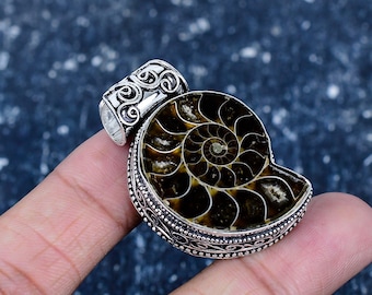 Ammonite Pendant, 925 Sterling Silver Frame Necklace, Ancient Jewelry, Spiral Boho Pendant, Unique Gift for Her or Him