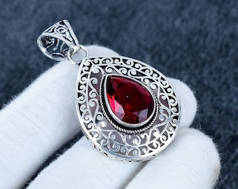 Red Garnet Gemstone Pendant Red Garnet Handmade 925 Sterling Silver Jewelry Pendant Red Garnet Antique Silver Jewelry For Christmas Gifts