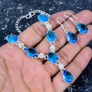 London Blue Topaz Quartz Necklace For Her, Topaz Necklace + Earring + Jewelry Set, 925 Sterling Silver Jewelry, Wedding Gift For Women