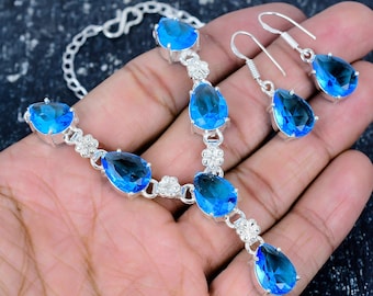 London Blue Topaz Quartz Necklace For Her, Topaz Necklace + Earring + Jewelry Set, 925 Sterling Silver Jewelry, Wedding Gift For Women