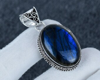Natural Fire Labradorite, Gemstone Handmade 925 Sterling Silver Jewelry Pendant,Gifts Pendant,Double Labradorite Stone Pendant Gift For Love
