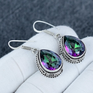 Mystic Topaz Gemstone Handmade 925 Sterling Silver Vintage Earring, Mystic Topaz Silver Earring, Topaz Earring Wedding Gift For Wife