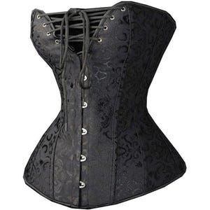 May include: Black corset with a floral pattern. The corset features a lace-up front and metal eyelets. It has a structured design with a curved hemline and metal clasps down the front. The fabric has a subtle sheen.