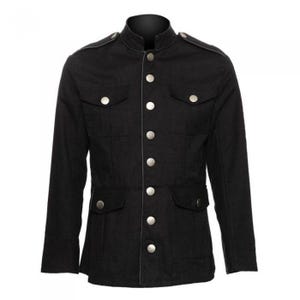 May include: Black military-style jacket with a mandarin collar and silver-colored buttons. The jacket features two chest pockets and two lower pockets. The long-sleeved jacket has epaulets on the shoulders.