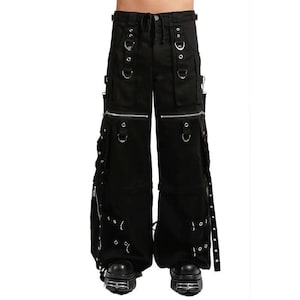 Gothic Punk Black Straps Pants: D-Rings, Zips, Cotton Blend