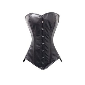 May include: A black corset with a structured design. The bodice features silver clasps down the front and vertical seams. The corset has a sweetheart neckline and a pointed hemline.