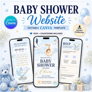 May include: A digital baby shower website template featuring three smartphone screens displaying invitation details, a countdown, and an RSVP form. The design includes illustrations of a stork, a baby, and an elephant in blue and white tones.