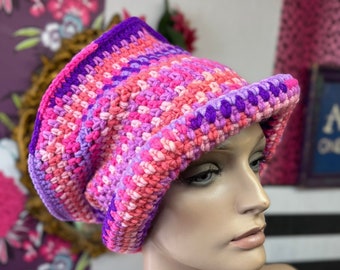 READY to SHIP - Flamingo - handmade crochet slouchy top hat - pink purple peach - non wool acrylic vegan - extra large