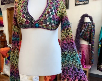 Crochet off shoulder handmade cropped cardigan shrug - extra long sleeve - button up - vegan - rainbow- one of a kind - large xl open size