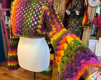 Retrovision - Crochet slash neck crop jumper - handspun sparkly merino wool pink orange yellow brown - flare sleeve - one of a kind - petite