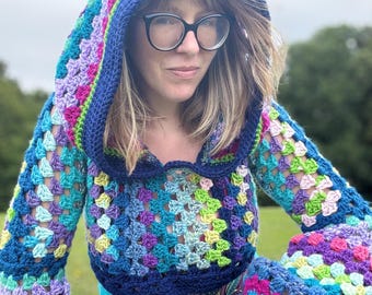 AURORA - Cropped crop hooded jumper/sweater hood - flared bell sleeve - handmade crochet - vegan acrylic - one off colourway READY to SHIP