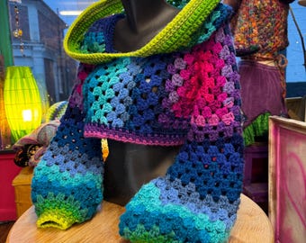 STARBORN - Cropped crop hooded jumper/sweater hood - flared bell sleeve - handmade crochet - vegan acrylic - one off colourway READY to SHIP