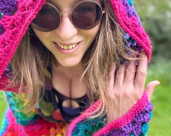 Fantasy Rainbow - crochet cardigan maxi long hooded cardi - acrylic vegan - M/L - corset tie bright colourful festival fashion clothing fun