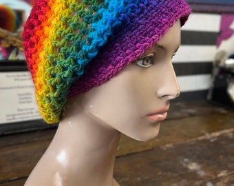 READY to SHIP - Precious Rainbow - slouchy crochet hat - one of a kind 33 hand dyed shades of colour - handspun pure merino wool - large