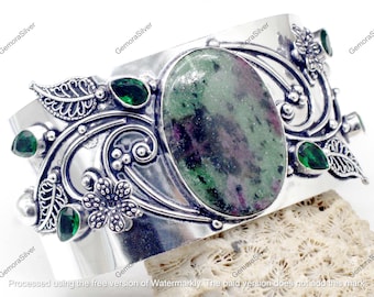 Ruby Zoisite Cuff Bracelet | Sterling Silver Floral Bangle, Boho Jewelry