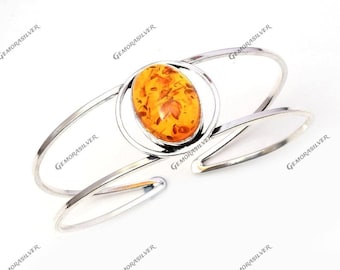 Handmade Orange Baltic Amber Cuff: Adjustable 925 Sterling Silver Bangle