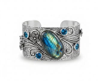 925 Sterling Silver Labradorite & Blue Topaz Cuff Bracelet, Handmade Gemstone Open Cuff Vintage Style Adjustable Bracelet Statement Jewelry