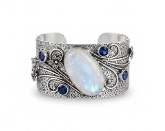 925 Sterling Silver Moonstone & Tanzanite Cuff Bracelet, Handmade Gemstone Open Cuff, Vintage Style Adjustable Bracelet, Statement Jewelry