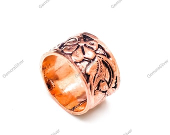Handmade Floral Copper Band Ring - Antiqued Rustic Design Jewelry