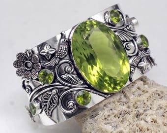 Peridot Adjustable Cuff Bracelet in Solid 925 Sterling Silver Handmade Green Gemstone Open Cuff August Birthstone Jewelry Gifts for Her