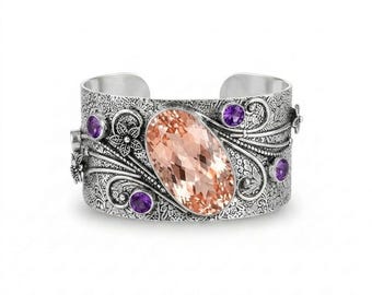 925 Sterling Silver Morganite & Amethyst Cuff Bracelet, Handmade Gemstone Open Cuff Vintage Style Adjustable Bracelet Statement Jewelry Gift