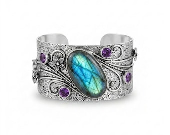 925 Sterling Silver Labradorite & Amethyst Cuff Bracelet Handmade Gemstone Open Cuff Vintage Style Adjustable Bracelet Statement JewelryGift