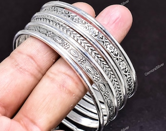 Handgemachte Sterling Silber Blumen Armreifen | Oxidiertes Indianer Tribal Set