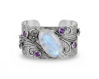 925 Sterling Silver Moonstone & Amethyst Cuff Bracelet, Handmade Gemstone Open Cuff, Vintage Style Adjustable Bracelet, Statement Jewelry