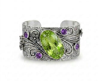 925 Sterling Silver Peridot & Amethyst Cuff Bracelet, Handmade Gemstone Open Cuff, Vintage Style Adjustable Bracelet, Statement Jewelry