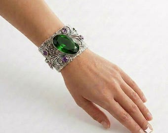 925 Sterling Silver Chrome Diopside & Amethyst Cuff Bracelet Handmade Gemstone Open Cuff Vintage Style Adjustable Bracelet Statement Jewelry