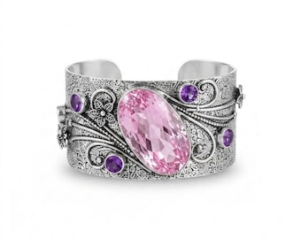 925 Sterling Silver Kunzite & Amethyst Cuff Bracelet, Handmade Gemstone Open Cuff, Vintage Style Adjustable Bracelet, Statement Jewelry