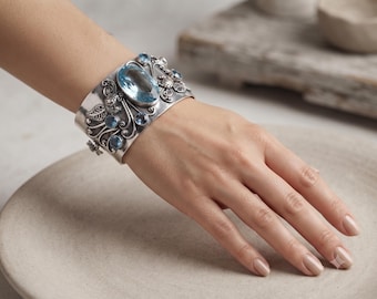 Blue Topaz Adjustable Cuff Bracelet in Solid 925 Sterling Silver Handmade Sky Blue Gemstone Open Cuff December Birthstone Jewelry GiftForHer