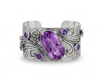 925 Sterling Silver Amethyst Cuff Bracelet, Handmade Gemstone Open Cuff, Vintage Style Adjustable Bracelet, Statement Jewelry Gift for Her