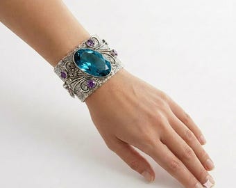 925 Sterling Silver London Blue Topaz & Amethyst Cuff Bracelet, Handmade Gemstone Open Cuff, Vintage Style Adjustable Bracelet