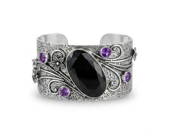 925 Sterling Silver Black Onyx & Amethyst Cuff Bracelet Handmade Gemstone Open Cuff Vintage Style Adjustable Bracelet Statement Jewelry Gift