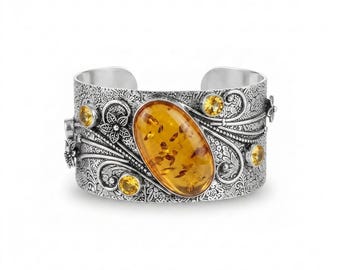 925 Sterling Silver Amber & Citrine Cuff Bracelet, Handmade Gemstone Open Cuff, Vintage Style Adjustable Bracelet, Statement Jewelry Gifts