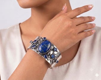 Lapis Lazuli & Tanzanite Adjustable Cuff Bracelet in Solid 925 Sterling Silver | Handmade Gemstone Open Cuff | December Jewelry Gift for Her