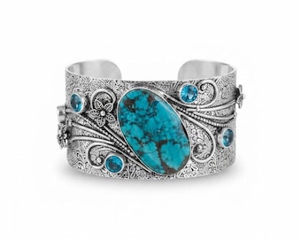 925 Sterling Silver Turquoise & Blue Topaz Cuff Bracelet, Handmade Gemstone Open Cuff, Vintage Style Adjustable Bracelet, Statement Jewelry
