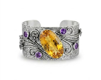 925 Sterling Silver Citrine & Amethyst Cuff Bracelet, Handmade Gemstone Open Cuff, Vintage Style Adjustable Bracelet Statement Jewelry Gifts