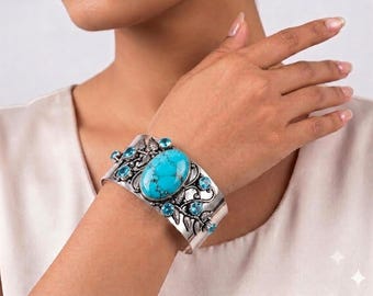 Turquoise & Blue Topaz Adjustable Cuff Bracelet in Solid 925 Sterling Silver | Handmade Gemstone Open Cuff | December Jewelry | Gift for Her