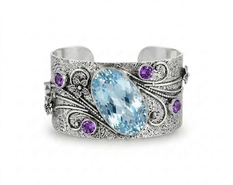 925 Sterling Silver Aquamarine & Amethyst Cuff Bracelet, Handmade Gemstone Open Cuff, Vintage Style Adjustable Bracelet, Statement Jewelry
