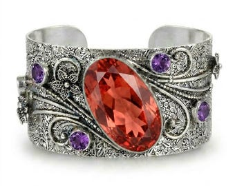 925 Sterling Silver Garnet & Amethyst Cuff Bracelet, Handmade Gemstone Open Cuff, Vintage Style Adjustable Bracelet, Statement Jewelry Gifts