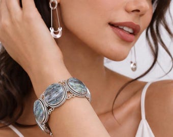 Abalone Shell Rainbow Bracelet, Sterling Silver Gemstone, Adjustable Chain Jewelry Bracelet
