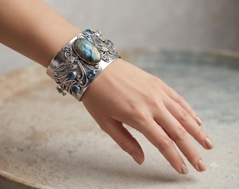 Labradorite & Blue Topaz Adjustable Cuff Bracelet in Solid 925 Sterling Silver | Handmade Gemstone Open Cuff | December Jewelry Gift for Her